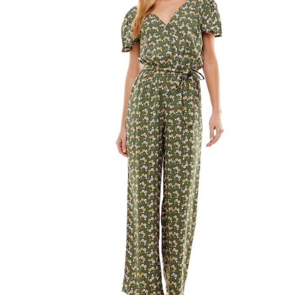 Kingston Grey Olive Green Floral Wide Leg Jumpsuit V-Neck Short Sleeve Medium NW